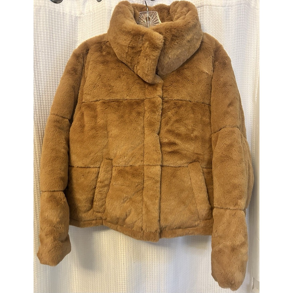 Abercrombie Fitch Mini Puffer Jacket Womens L Brown Faux Fur Y2K